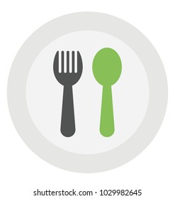 
A dinner plate with fork and spoon, hoteling logo 
