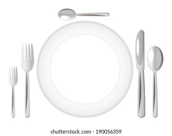 Dinner plate with forks, spoon, dessert spoon and a knife 