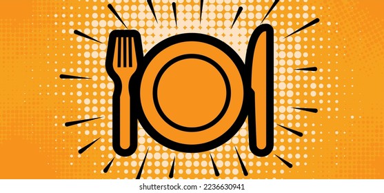 Dinner plate icon or logo. Cartoon Plate dish with fork and knife symbol. Basic restaurant etiquette at the table. Cutlery, dining etiquette, table manners. Dots pattern. Eating rules. Hungary