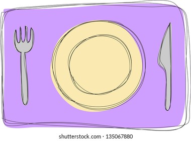Dinner plate, knife and fork