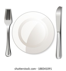 Dinner plate, knife and fork