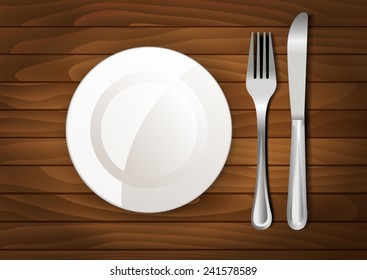 Dinner plate, knife and fork