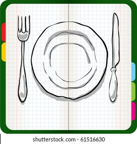 dinner plate, knife and fork