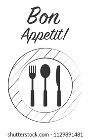Dinner plate with knife and fork. Bon Appetit Design card. Vector illustration. 