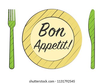 Dinner plate with knife and fork. Bon Appetit Design card. Vector illustration.