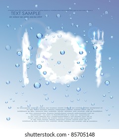Dinner plate, knife and fork made of clouds (through the raine glass)
