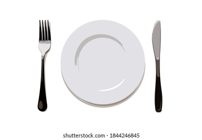 Dinner plate, knife and fork on white background. Isolated vector objects collection.