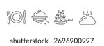 Dinner plate, serving hand platter, cooking pan, hot dish steam icon set, restaurant kitchen vector illustration, minimal food service culinary.