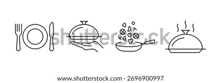 Dinner plate, serving hand platter, cooking pan, hot dish steam icon set, restaurant kitchen vector illustration, minimal food service culinary.