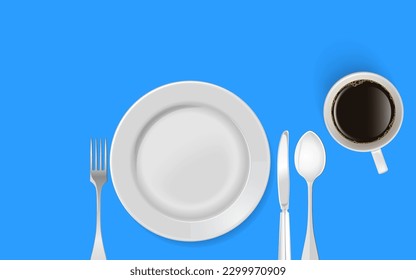 Dinner plate setting with coffee cup top view, Dinner plate background.