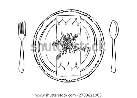 Dinner plate setting , for wedding party invitation, menu. Ink vector illustration.