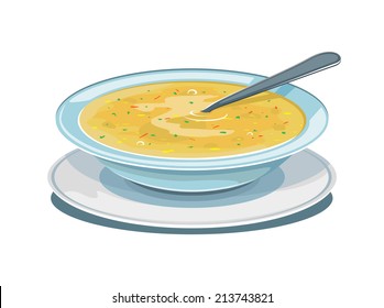 Dinner plate with soup and spoon, isolated