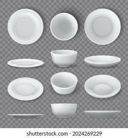 Dinner plates mockups. Realistic white ceramic dishes and empty bowl top, angle and side views. Porcelain round tableware dish 3d vector set. Illustration of realistic porcelain tableware