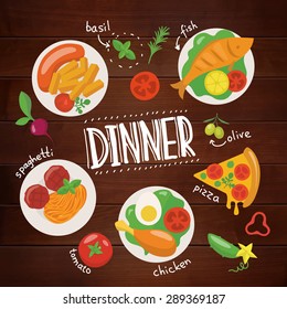 Dinner poster in flat style. Food poster. Food infographic. Wooden texture food poster with chalk written texts. Hand drawn calligraphy. 