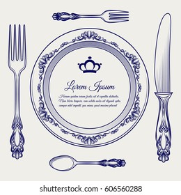 Dinner ready vector illustration with cutlery vintage set. Ball pen sketch of cutlery and royal plate frame