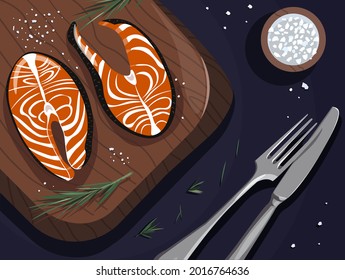 
Dinner with red fish, fork and knife, salt