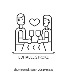 Dinner at restaurant linear icon. Married couple dining out. Partners sitting at table. Thin line customizable illustration. Contour symbol. Vector isolated outline drawing. Editable stroke