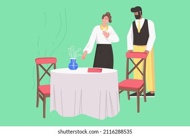 Dinner at restaurant modern flat concept. Waiter greets female visitor and sits down her at table. Happy woman visits cafeteria for dining. Vector illustration with people scene for web banner design
