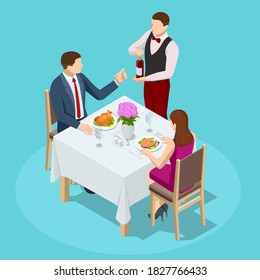 Dinner In Restaurant. Young couple having dinner in a restaurant. Man and woman sitting at the table, the waiter takes order dishes. Isometric vector illustration