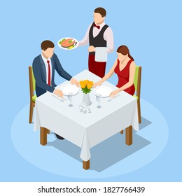 Abendessen im Restaurant. Junge Paare, die in einem Restaurant zu Abend essen. Mann und Frau, die am Tisch sitzen, der Kellner bestellt das Geschirr. Isometrische Vektorgrafik