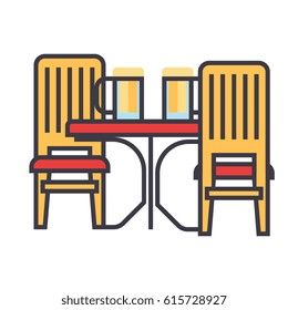 Dinner room icon symbol: pub interior, table with chairs. Editable strokes. Flat design line vector illustration concept. Image isolated on white background
