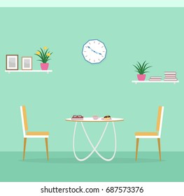 Dinner room interior with coffee, dessert, book and glasses on the table and clock, shelves on the wall. Flat style vector illustration.