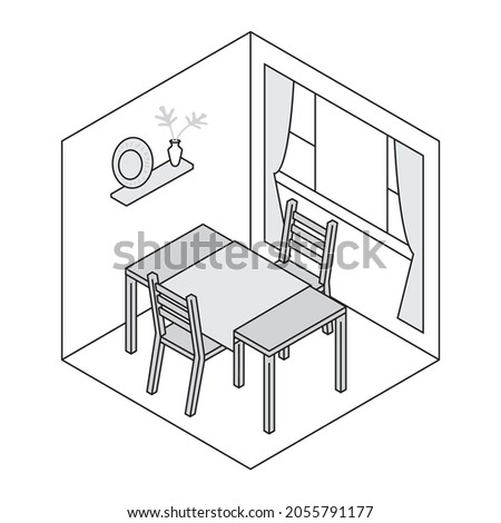 Dinner room. Isometric illustration. Lines and shapes.