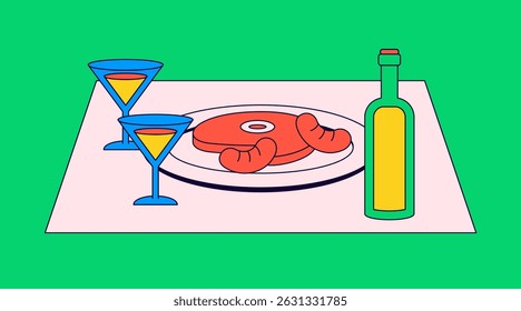 Dinner scene featuring a steak, shrimp, two martini glasses, and a bottle on a table. Bright, flat colors and bold outlines create a playful yet elegant look cartoon vector illustration
