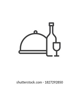 Dinner service line icon. linear style sign for mobile concept and web design. Food tray with wine bottle outline vector icon. Symbol, logo illustration. Vector graphics