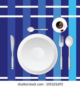 dinner service on a blue tablecloth art vector illustration