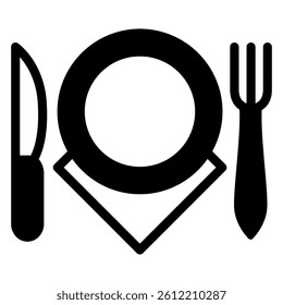 Dinner service solid icon, cooking concept. Vector graphics. Fork, plate, knife and napkin sign on white background, style mobile or design