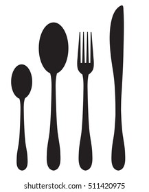 Dinner set silhouette icons. Spoon, fork, knife silhouette on a white background. Vector illustration