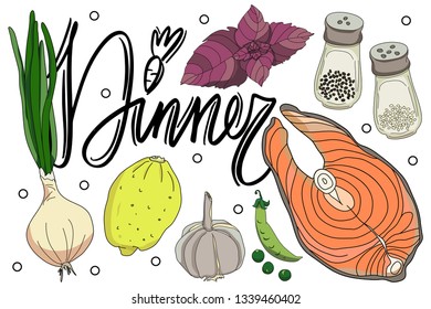 dinner set with vegetables fish steak salt and pepper vector isolated