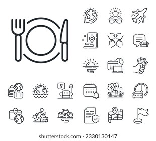 Dinner sign. Plane jet, travel map and baggage claim outline icons. Restaurant food line icon. Hotel service symbol. Restaurant food line sign. Car rental, taxi transport icon. Place location. Vector