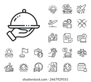 Cartel de la cena. Avión jet, mapa de viaje e iconos de contorno de Reclamo de equipaje. Icono de línea de comida de restaurante. Símbolo del servicio de habitaciones. Señal de la línea de comida del restaurante. Alquiler de coches, icono de transporte de taxi. Vector