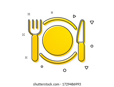 Cartel de la cena. Icono de comida de restaurante. Símbolo del servicio de hotel. Patrón de círculos amarillos. Icono clásico de la comida del restaurante. Elementos geométricos. Vector