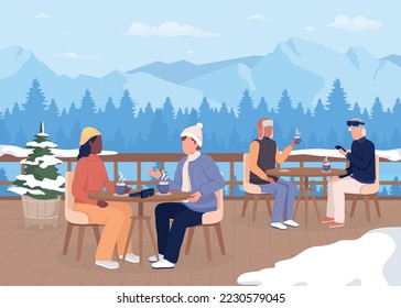 Dinner at ski resort flat color vector illustration. Drinking hot cocoa with marshmallows on veranda. Enjoying winter. Fully editable 2D simple cartoon characters with mountain landscape on background