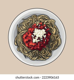 Cena Spaghetti con tomates. Gráficos vectoriales