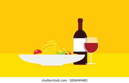 
Dinner with spaghetti with wine