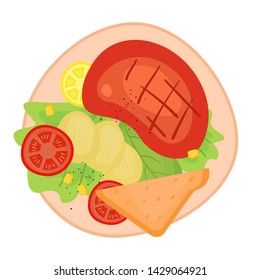 Dinner with steak and potato on the plate. Isolated cartoon dishes. Doodle color illustration of food for the day