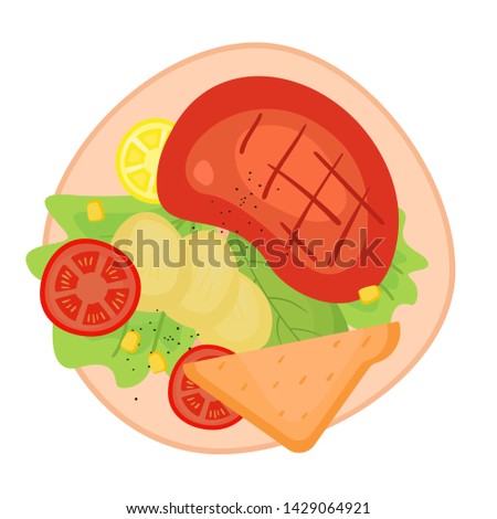 Dinner with steak and potato on the plate. Isolated cartoon dishes. Doodle color illustration of food for the day