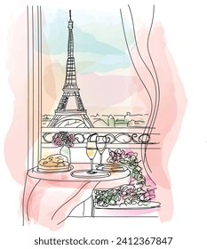dinner at sunset on the balcony with a nice view, vector illustration