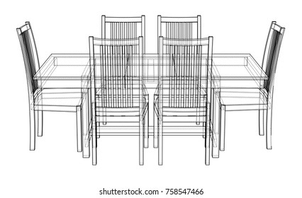 Dinner table with chairs. Vector rendering of 3d. Wire-frame style. The layers of visible and invisible lines are separated