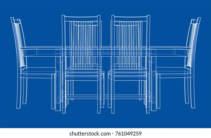 Dinner table with chairs. Vector rendering of 3d. Wire-frame style. The layers of visible and invisible lines are separated