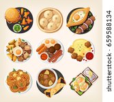Dinner table closeup. Top view on classic dinner dishes from different countries of the world. Food from national cuisines on a table. View from above. Isolated vector illustrations. Part 1/3