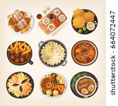 Dinner table closeup. Top view on classic dinner dishes from different countries of the world. Food from national cuisines on a table. View from above.  Vector illustrations. Part 2/3