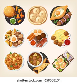 Dinner table closeup. Top view on classic dinner dishes from different countries of the world. Food from national cuisines on a table. View from above. Isolated vector illustrations. Part 1/3