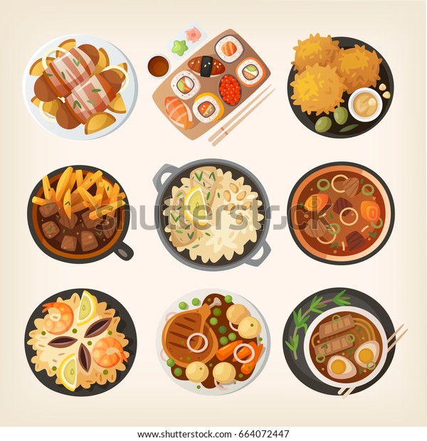 夕食のテーブルの接写 世界各国の伝統的なディナー料理のトップビュー テーブルの上の国料理の食べ物 上から見る ベクターイラスト パート2 3 のベクター画像素材 ロイヤリティフリー