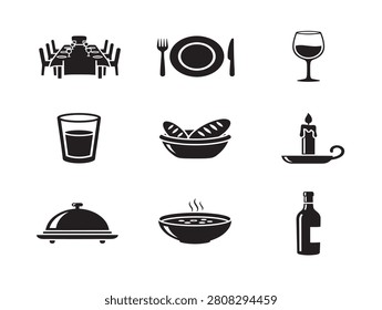 Dinner Table Dining Icons Set Featuring Solid Black Silhouette Illustrations