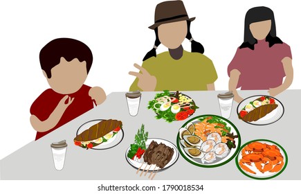Dinner table for everyone, grilled food and seafood vector illustration Eating together